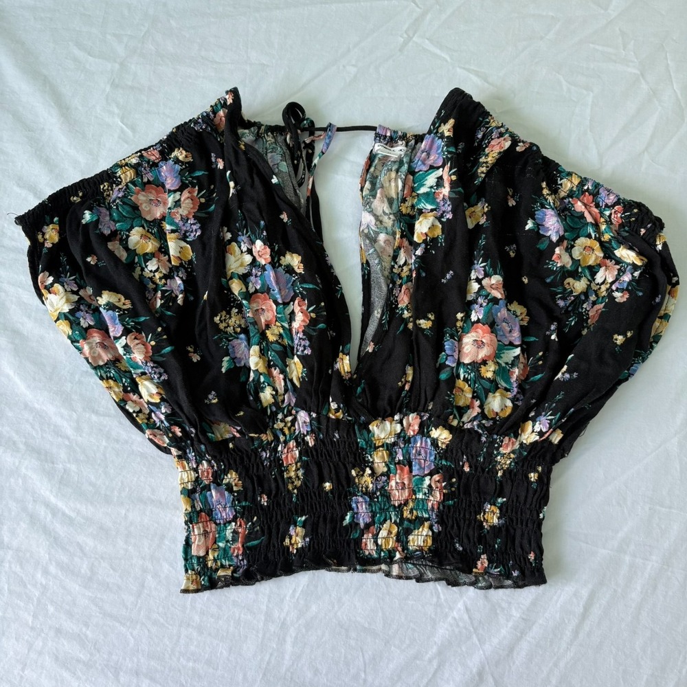 O'Neill Womens Black Smocked Waist V-Neck Floral Halette Blouse Top Size Medium